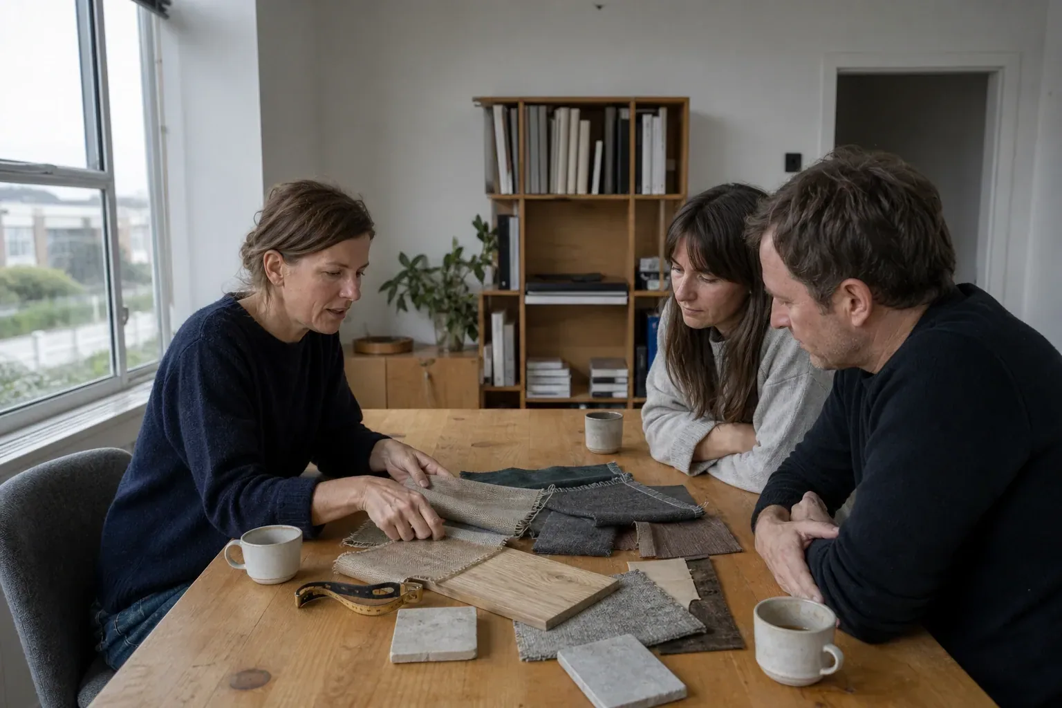 Designer and two clients leaning over a table spread with fabric swatches, tile and timber samples