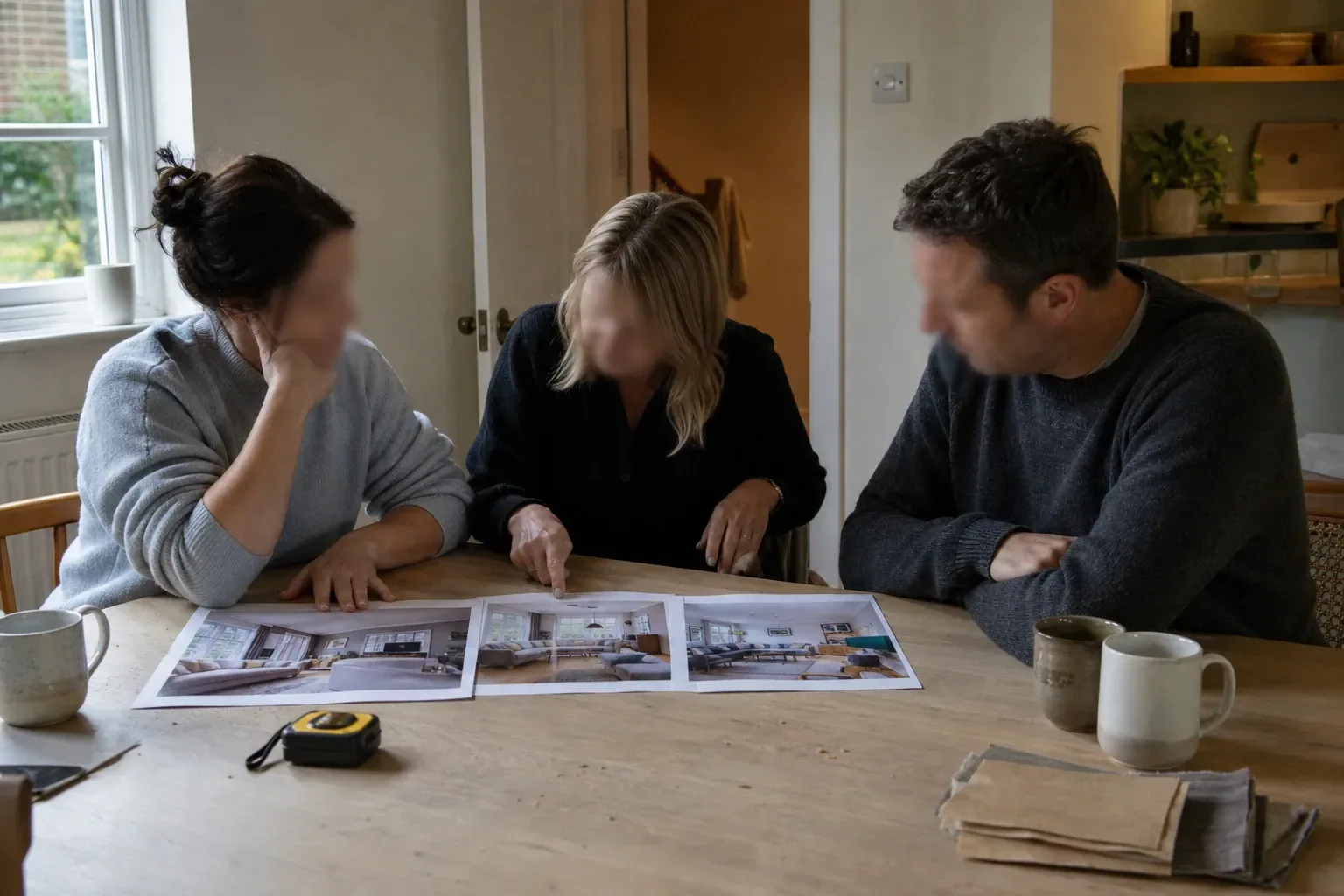 Designer and two clients leaning over printed room images spread across a kitchen table