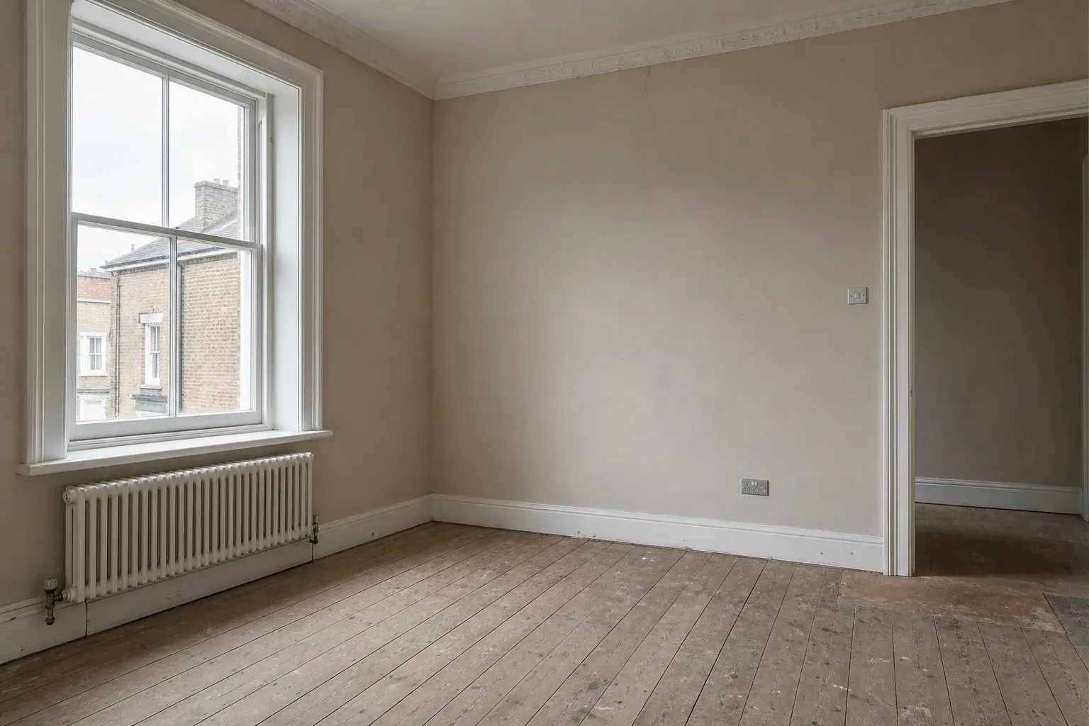 Empty living room corner with a tall sash window, a radiator beneath it and original cornice above
