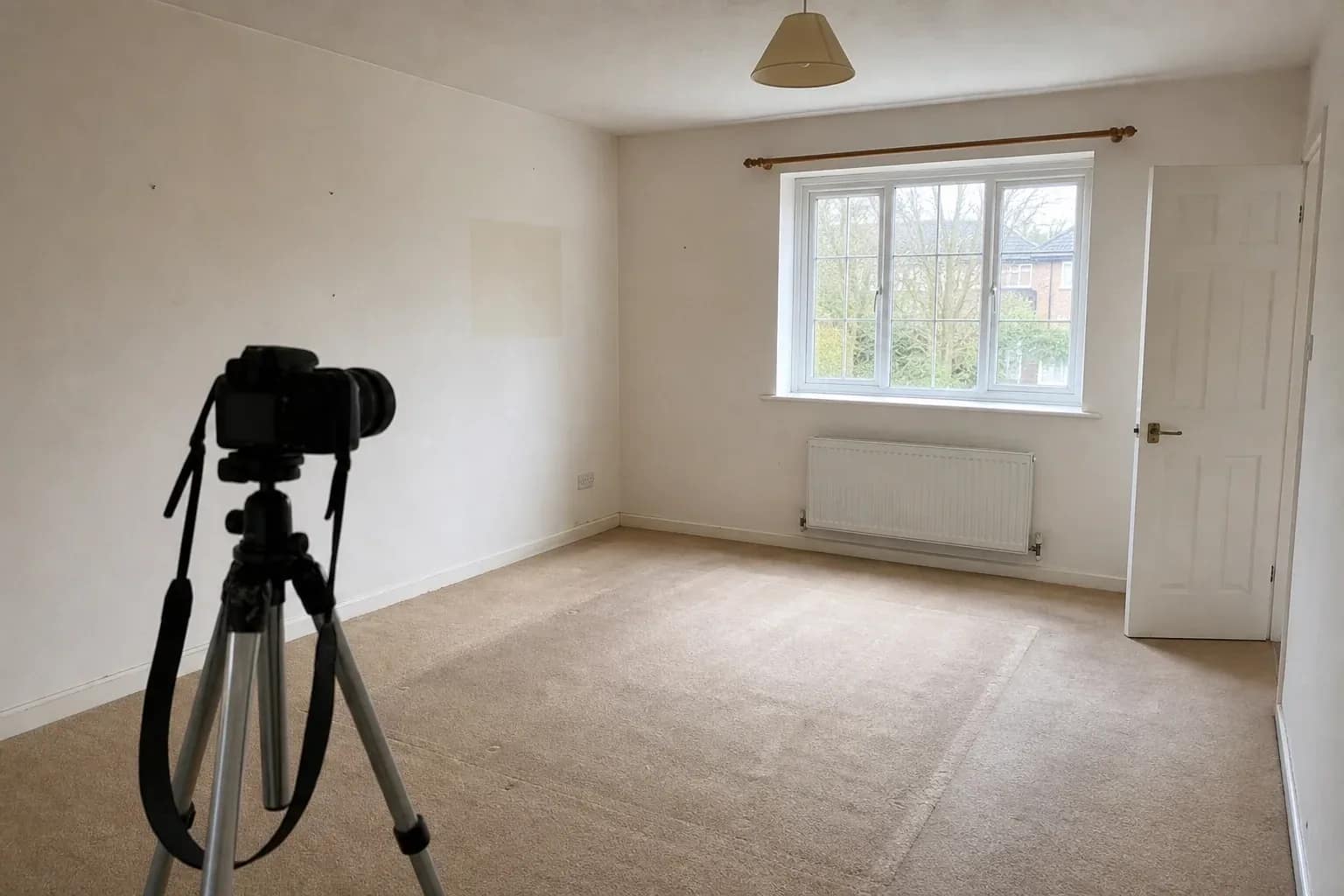 Camera on a tripod in the corner of an empty carpeted living room beside a bare window