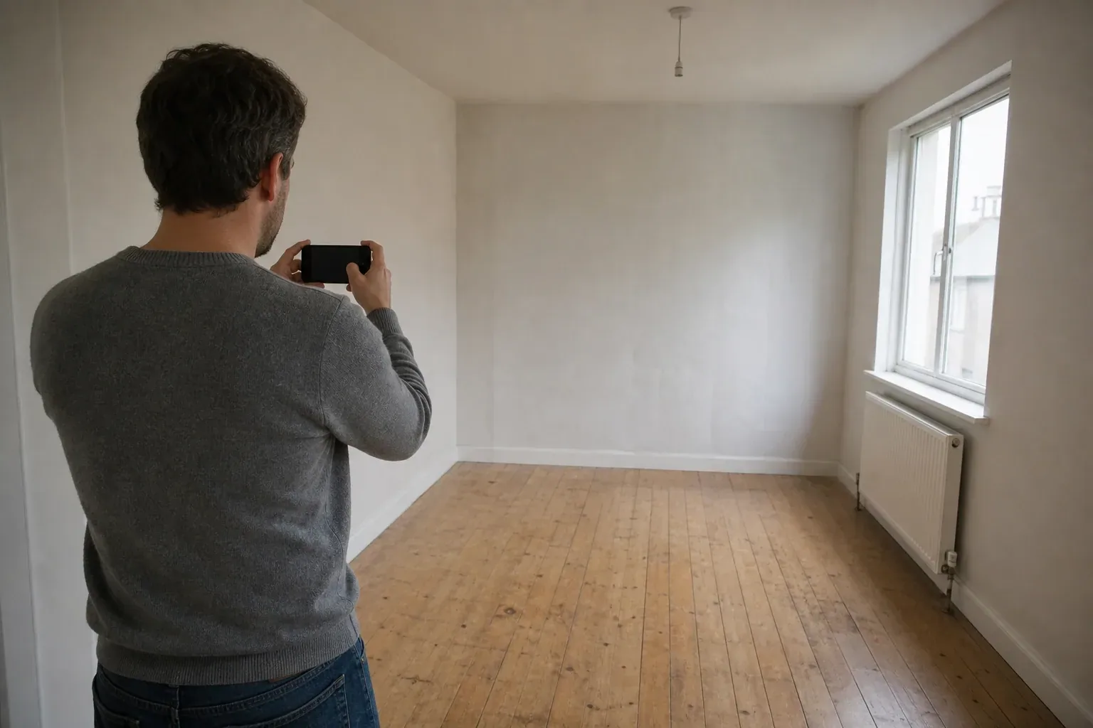 Person holding a phone at chest height photographing an empty living room from a corner