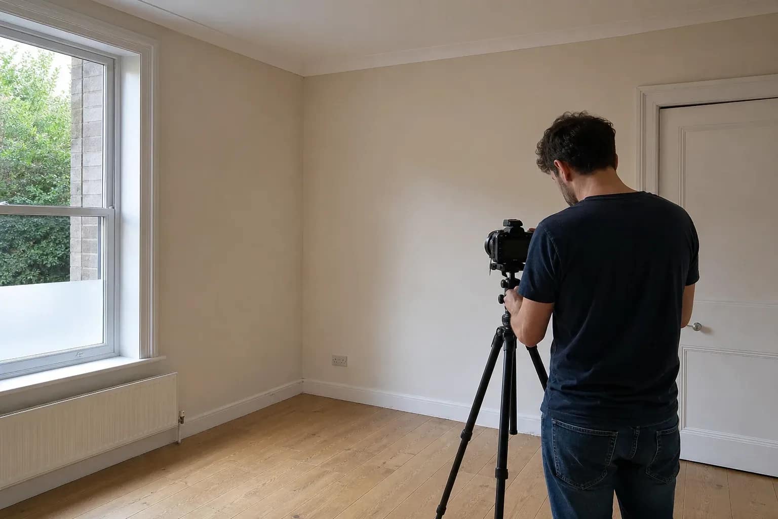 A photographer adjusts a tripod-mounted camera in an empty living room lit by a bare window
