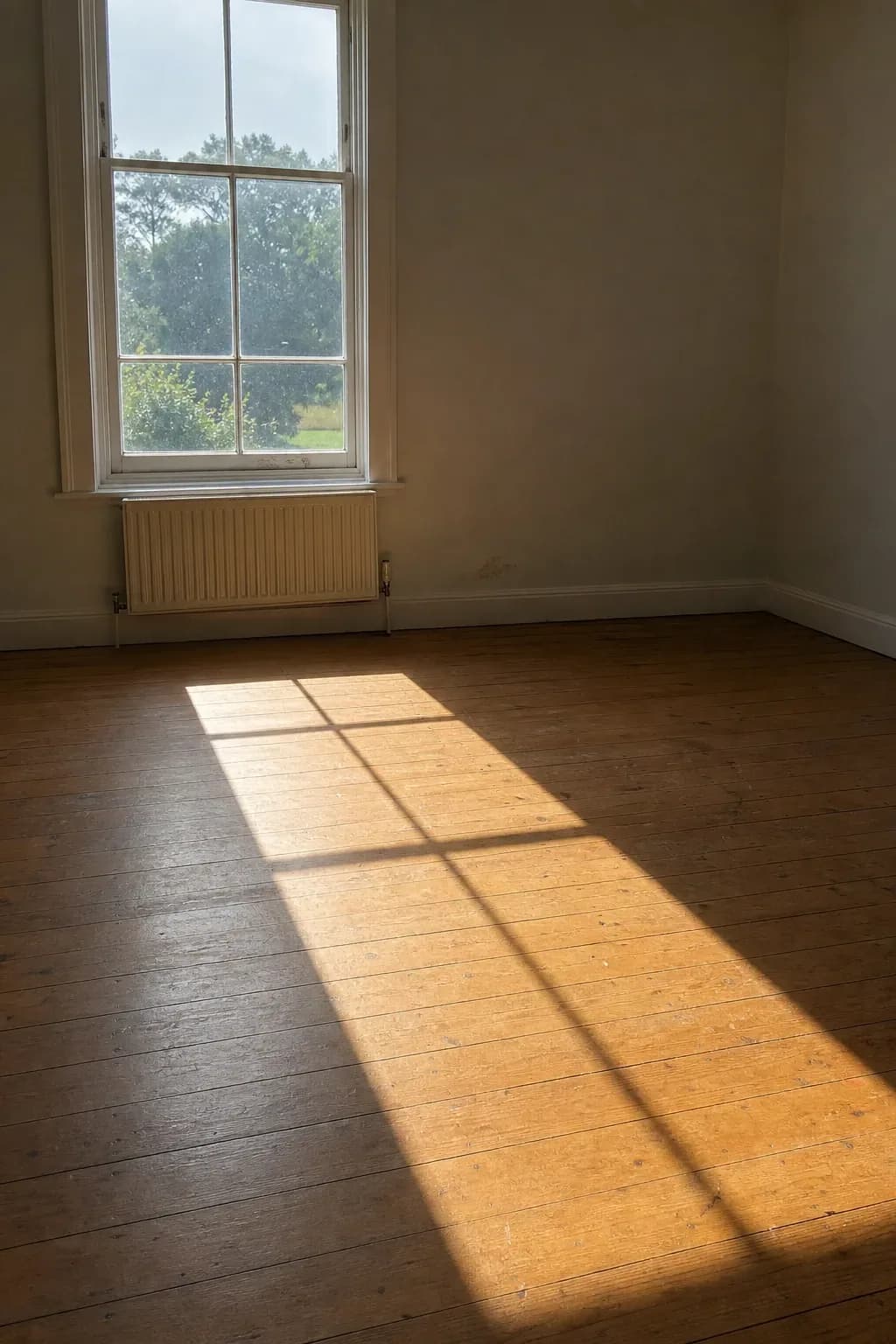 Tall sash window casting a long band of low afternoon sunlight across bare floorboards