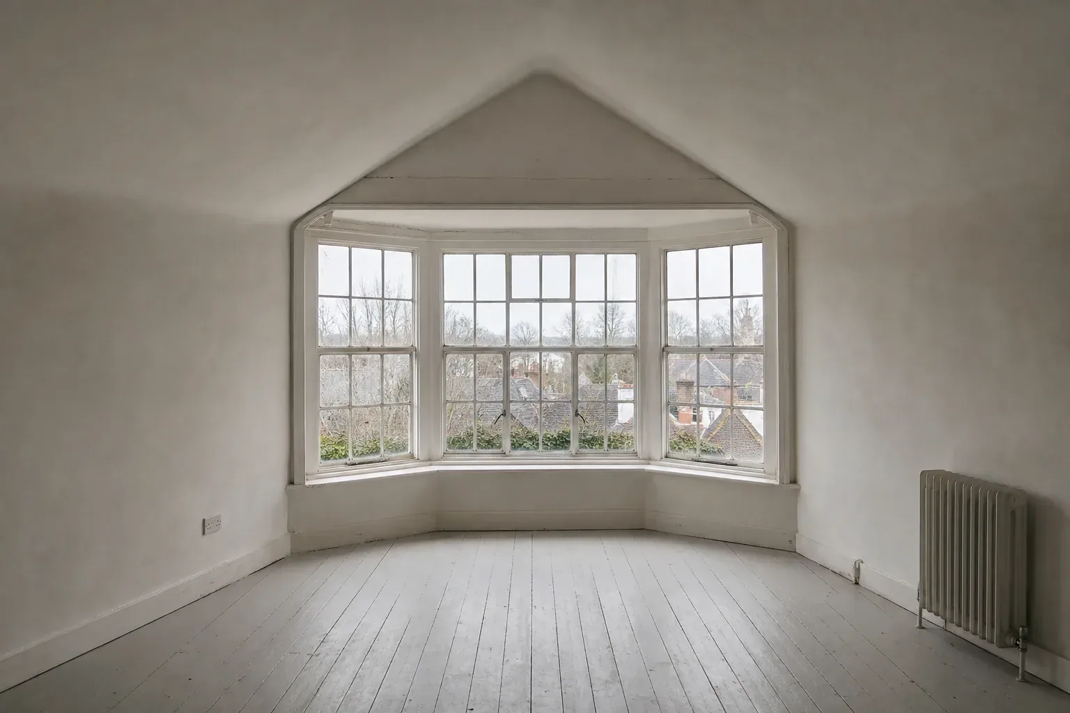 Bay window with slim white glazing bars below a sloping ceiling in an empty room