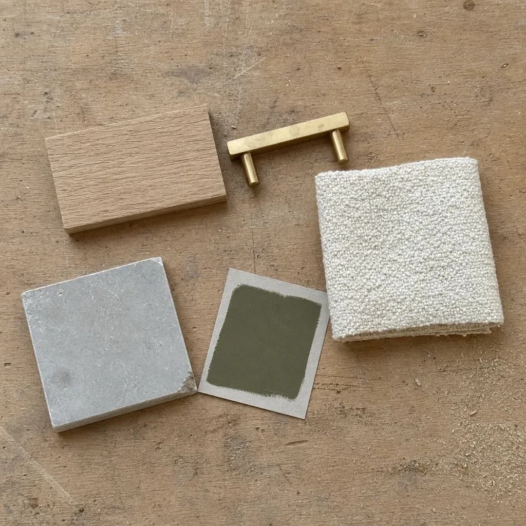 Timber offcut, brass handle, folded boucle fabric and a limestone tile laid out on a bench