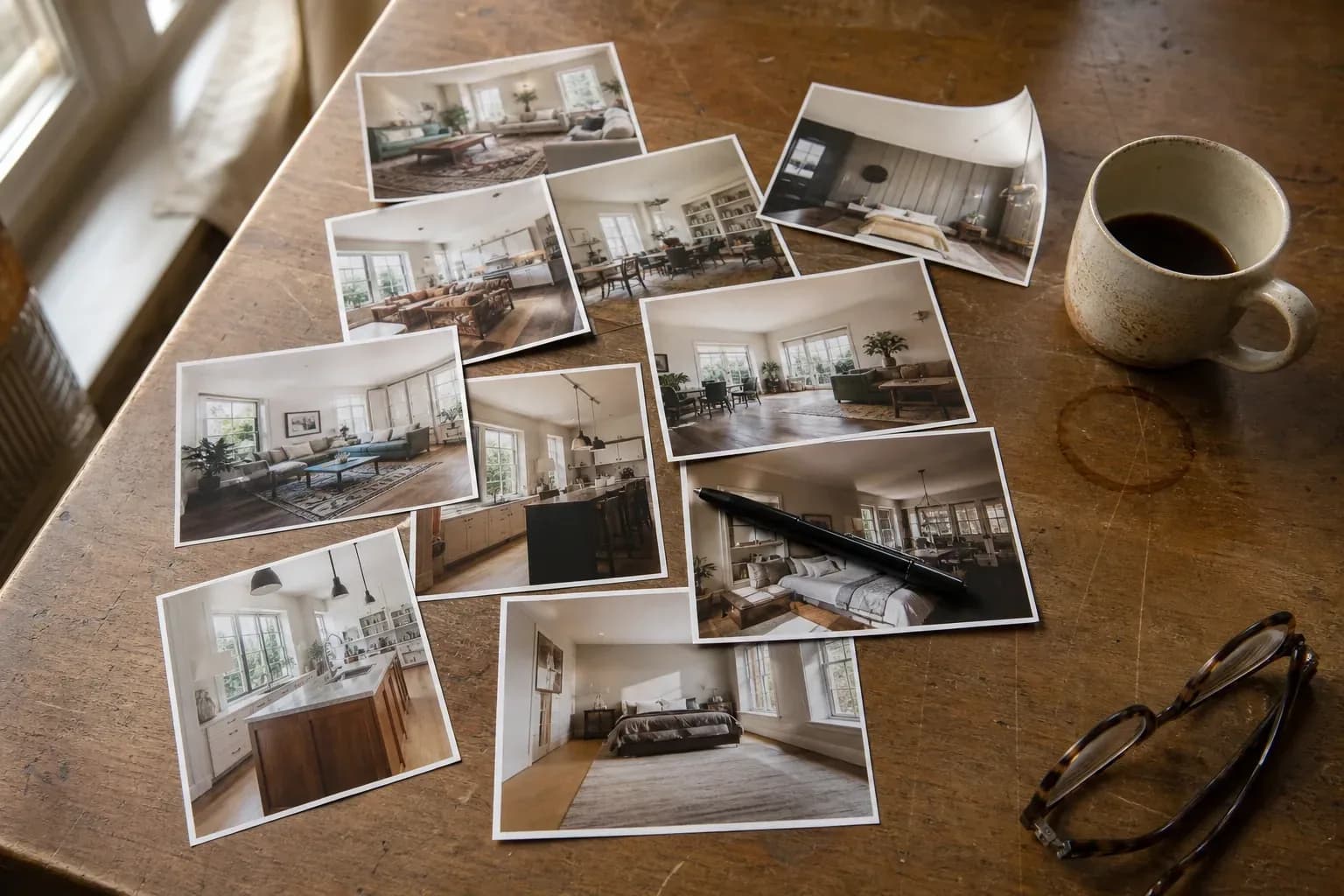 Small printed photographs of room schemes spread across a desk beside a pen and a mug