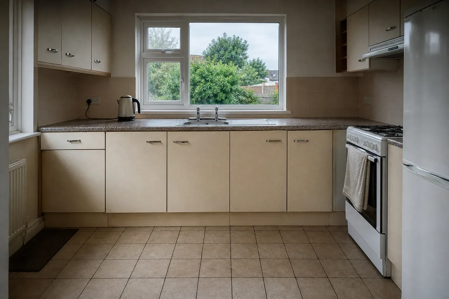 Dated kitchen with pale cabinet doors and a window over the sink, photographed straight on