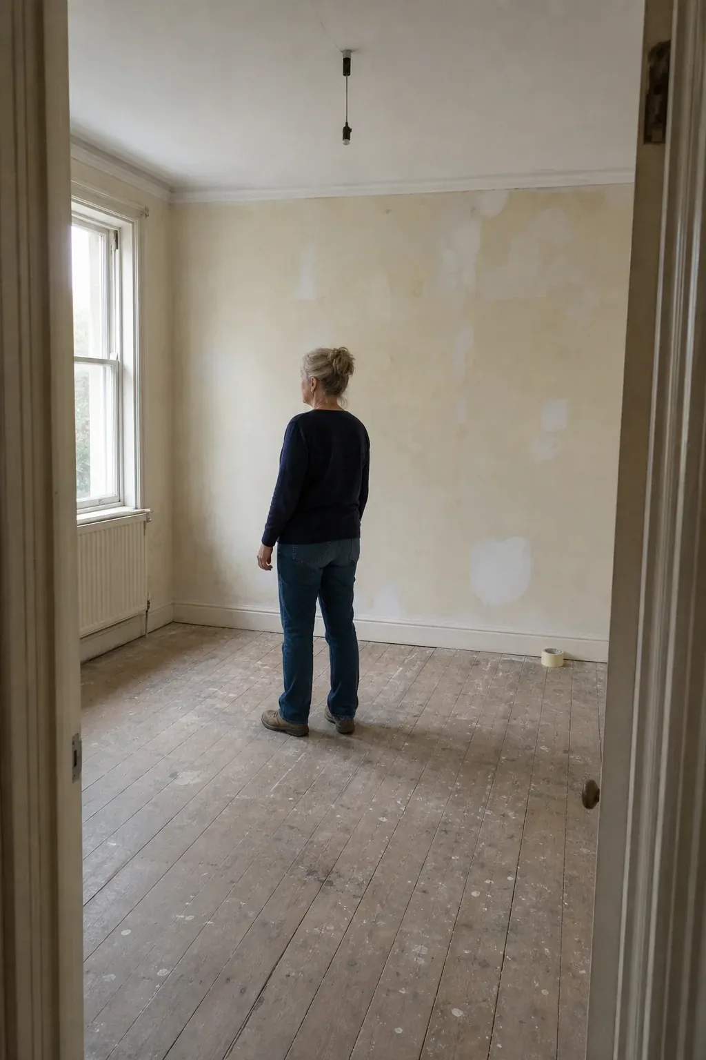 A woman stands in an empty unrenovated room beside a tall sash window, looking at the far wall