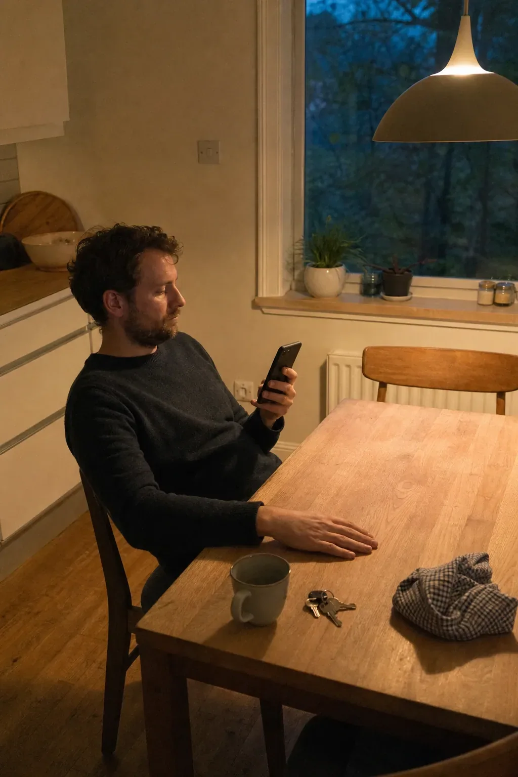 A person sits at a kitchen table in evening light holding a phone with the screen turned away