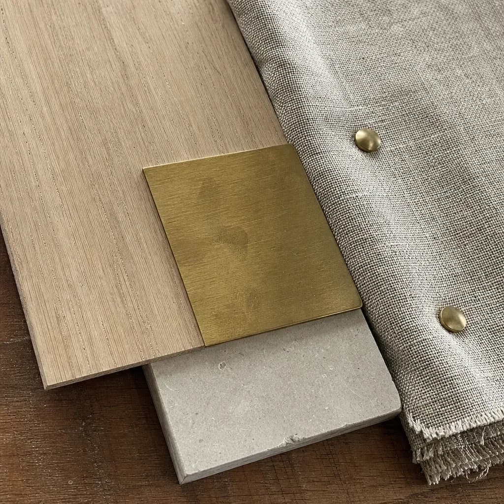 Close view of a material board with timber veneer, honed stone, a brass plate and folded linen