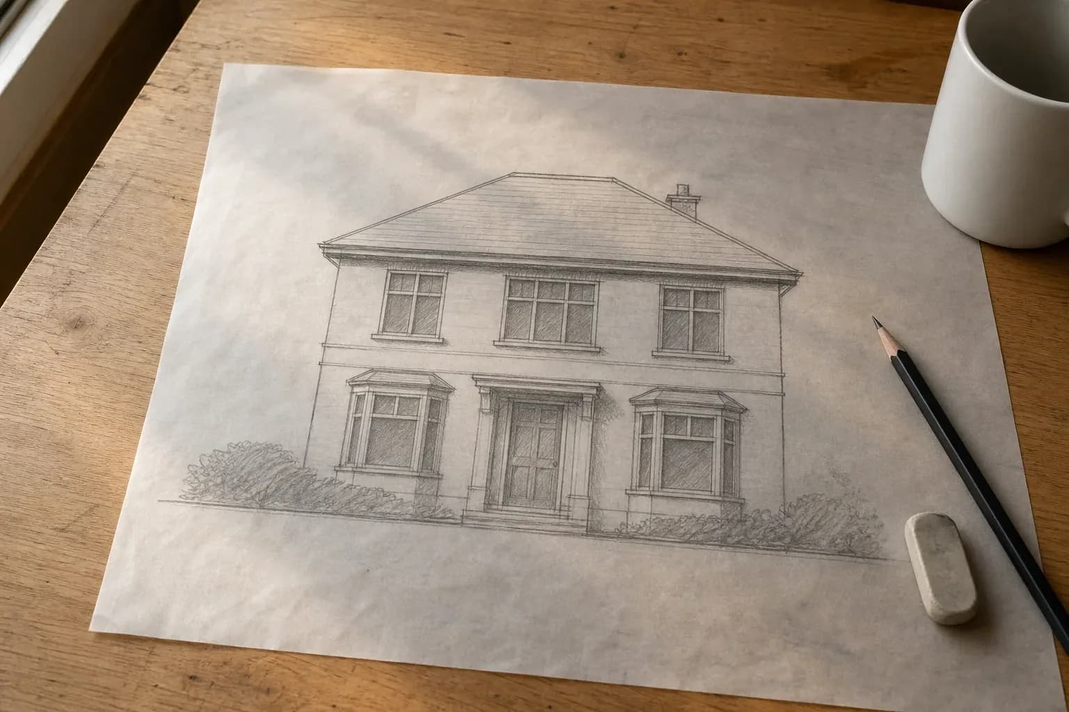 Pencil elevation sketch of a house on tracing paper on a wooden desk with a pencil and eraser beside it