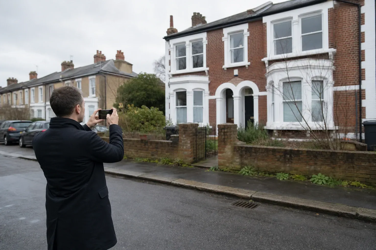 Architect standing on the opposite pavement holding a phone up to photograph a house facade