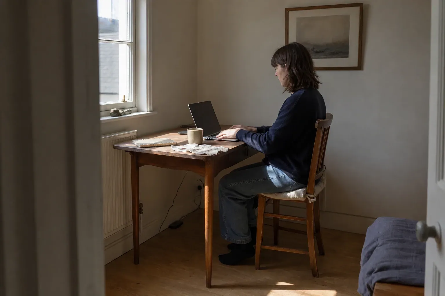 Designer working at a small home-office desk with fabric squares, notebook and morning window light