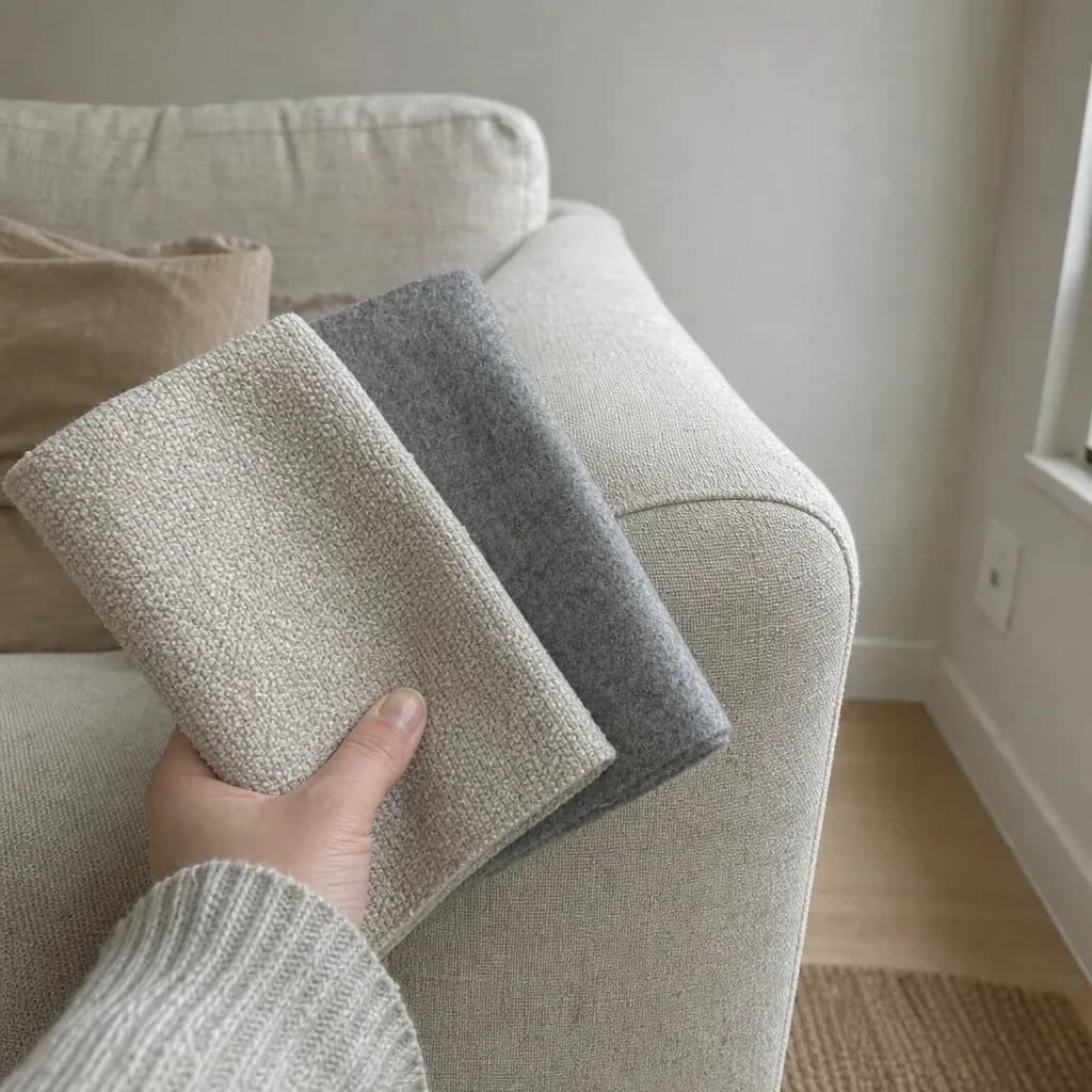 Hand holding two folded fabric swatches against the rolled arm of a pale linen sofa