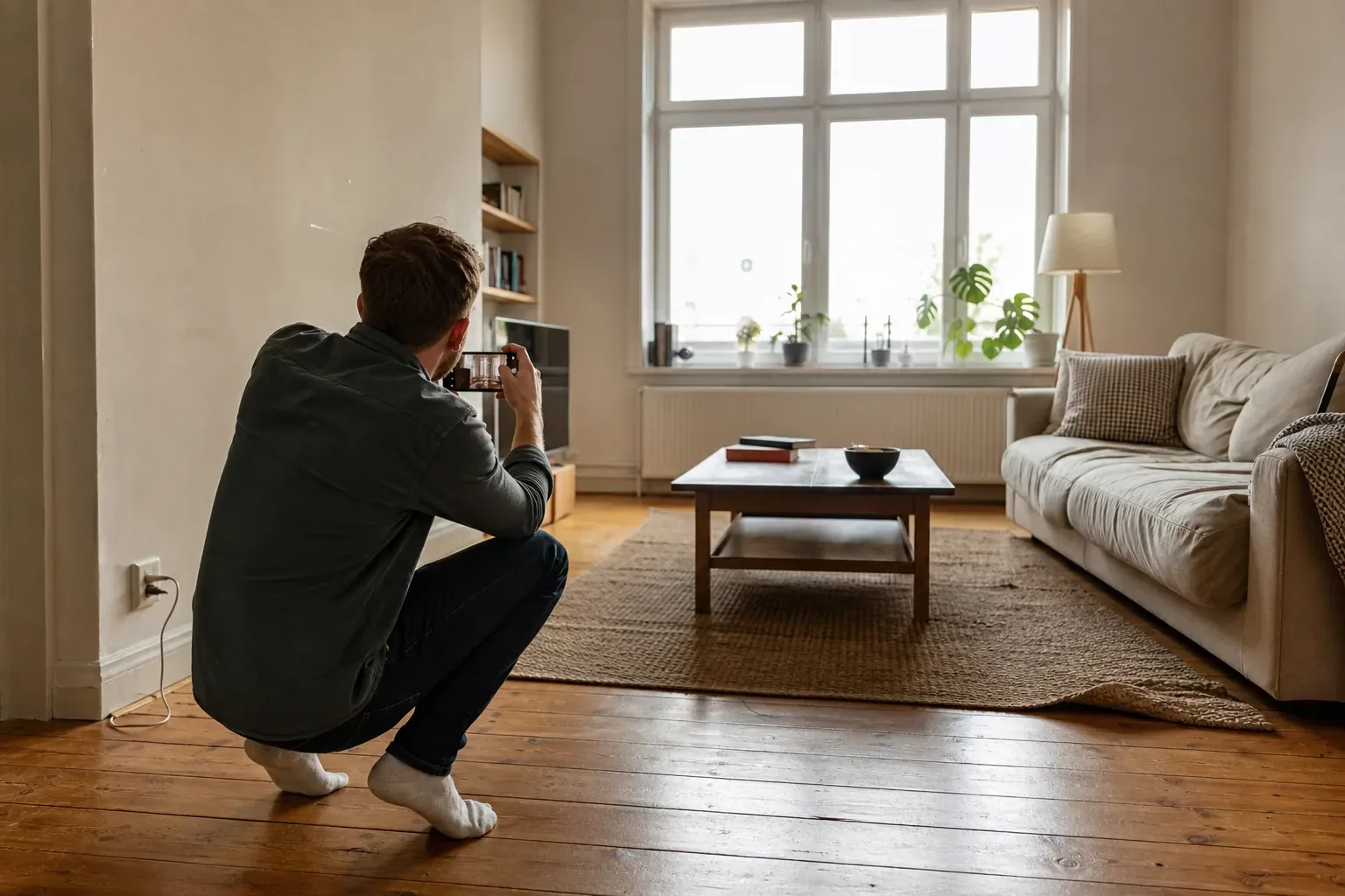 Person crouching to photograph a finished living room on a phone near a bright window