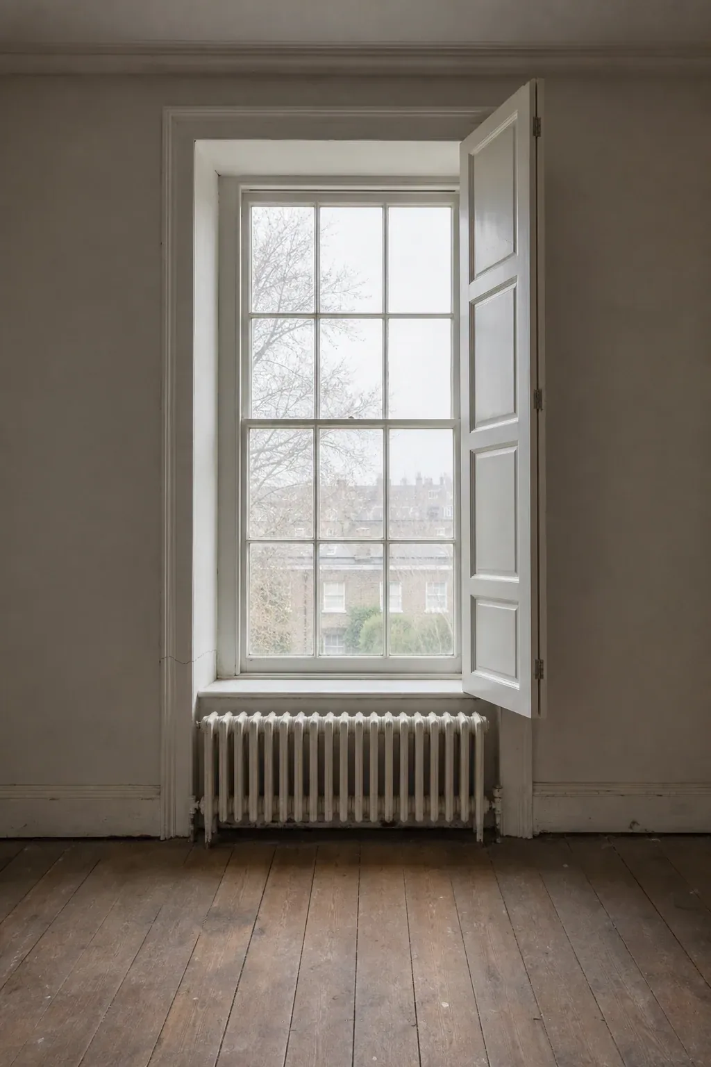 Tall sash window with a deep painted reveal, half-open shutter and cast-iron radiator beneath