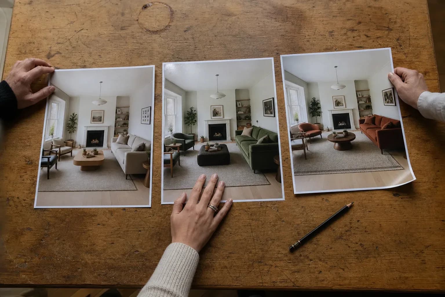 Three large printed images of the same living room laid side by side on a scratched wooden table