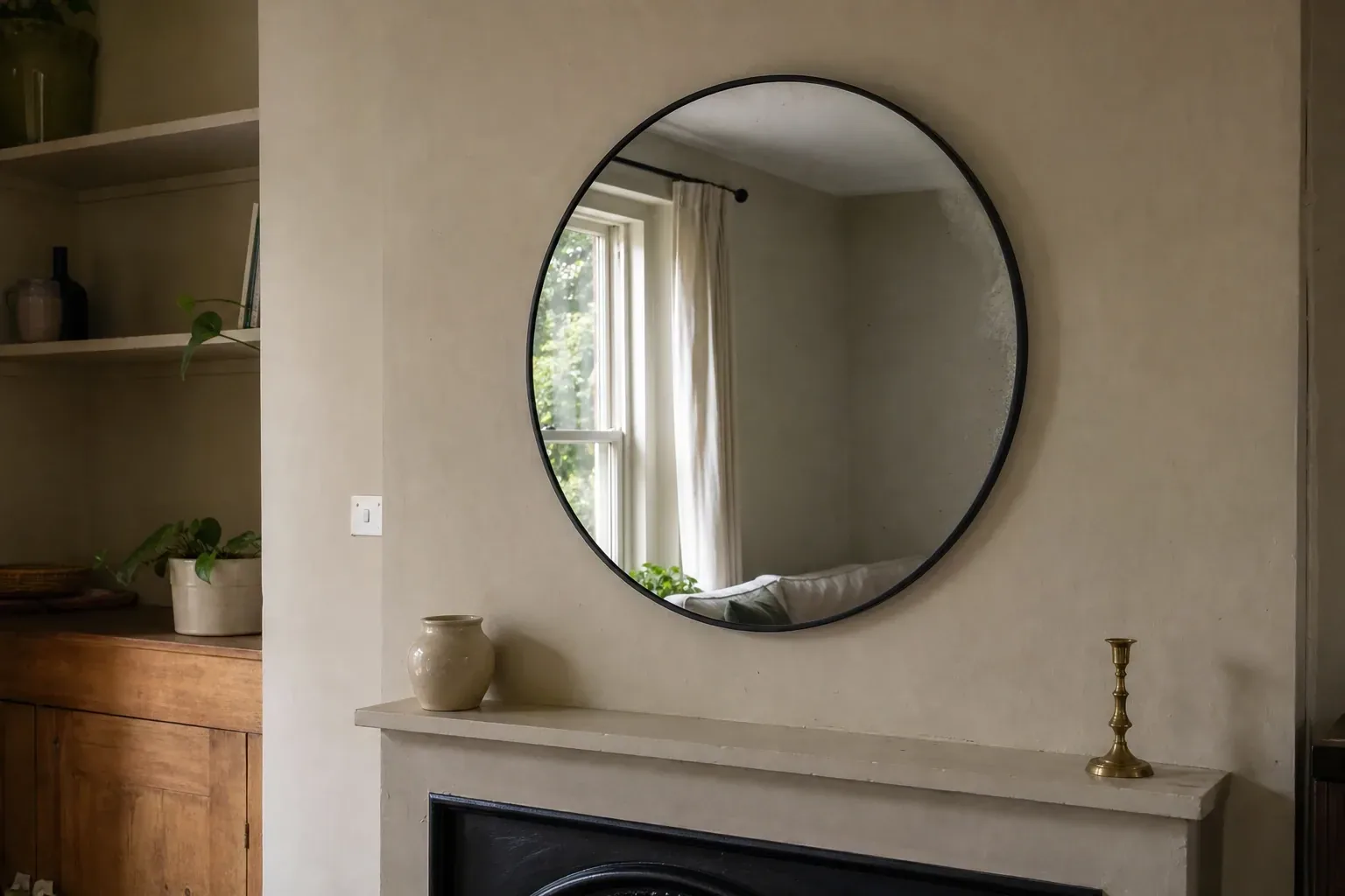 Round mirror above a fireplace reflecting the opposite wall and part of a curtained window
