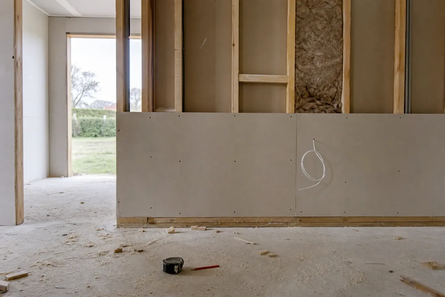Timber stud partition part-boarded on a building site with a tape measure on the dusty floor