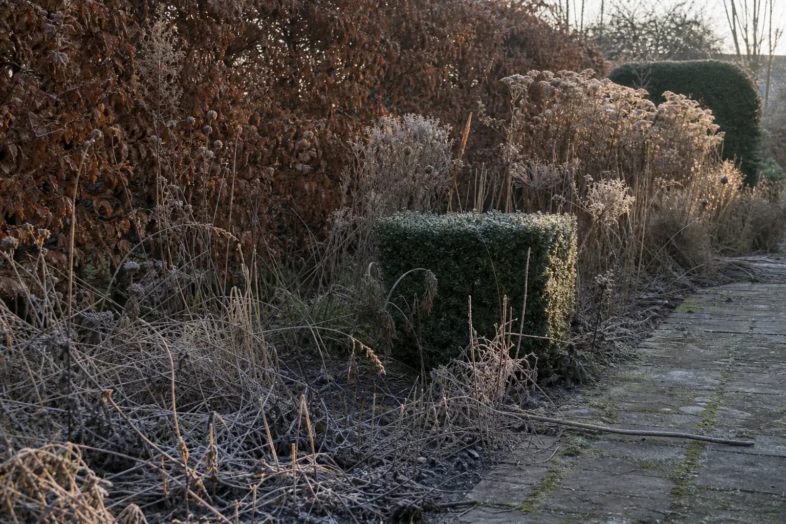 Frosted winter border of standing seedheads, straw stems and a clipped evergreen holding the structure