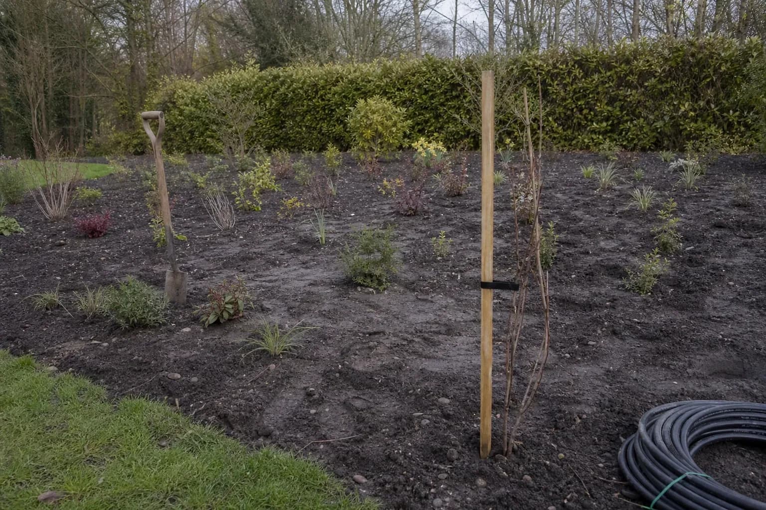 Freshly planted border with bare mulch between small plants, a staked whip and a spade left standing