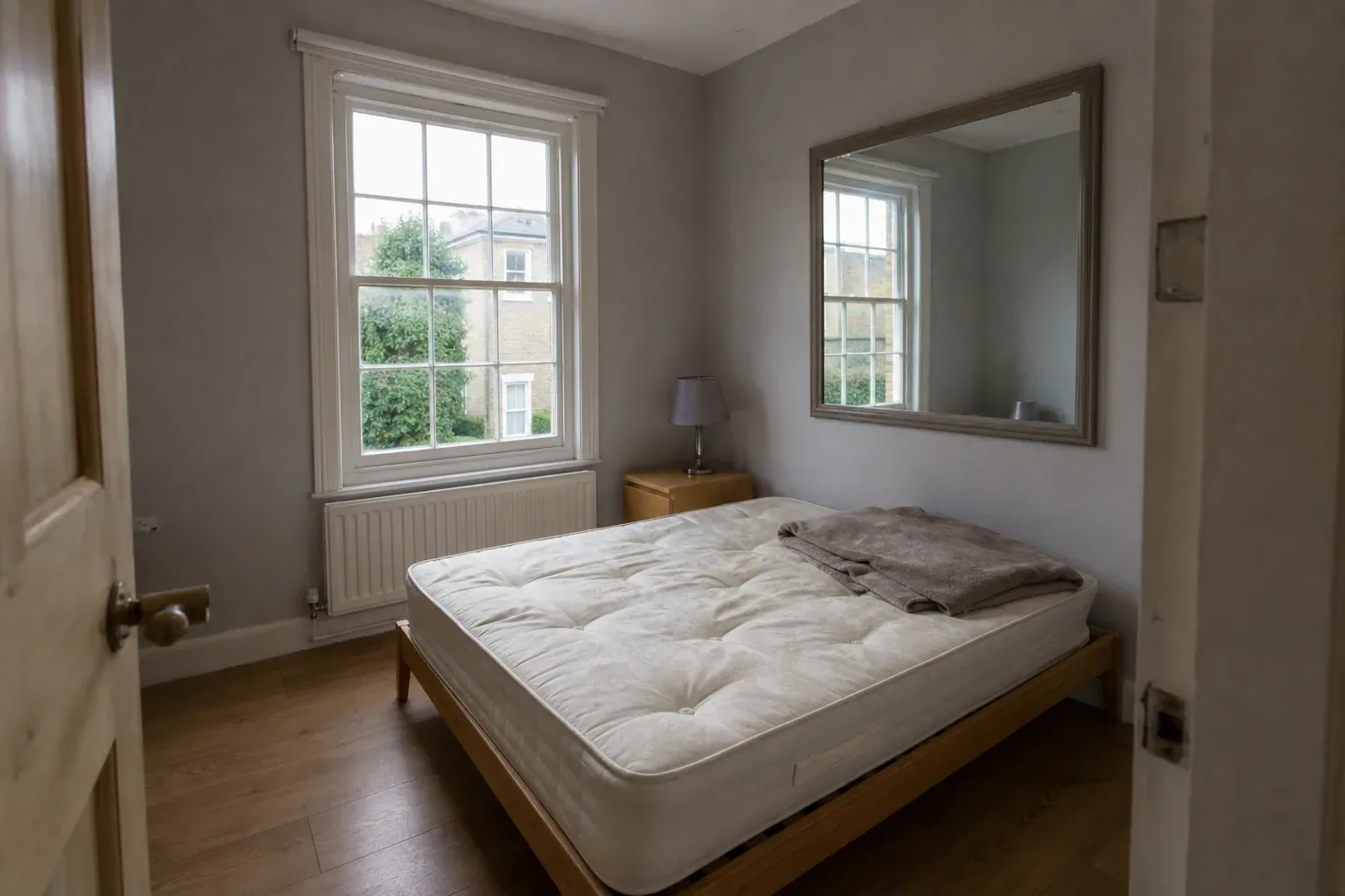 Small bedroom with a sash window with thin glazing bars and a large mirror reflecting the corner