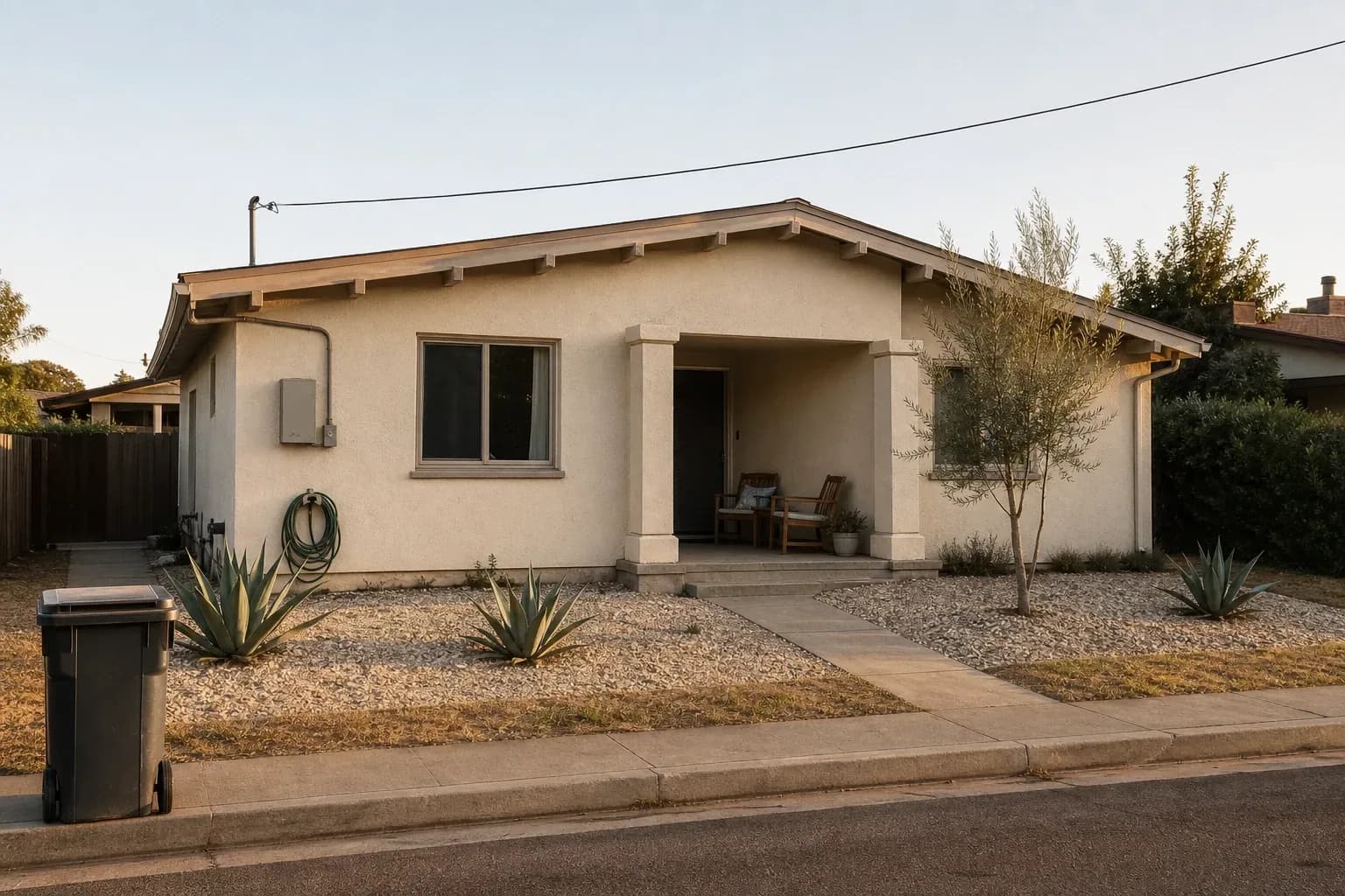Cream stucco California bungalow photographed from the pavement with gravel and agaves out front