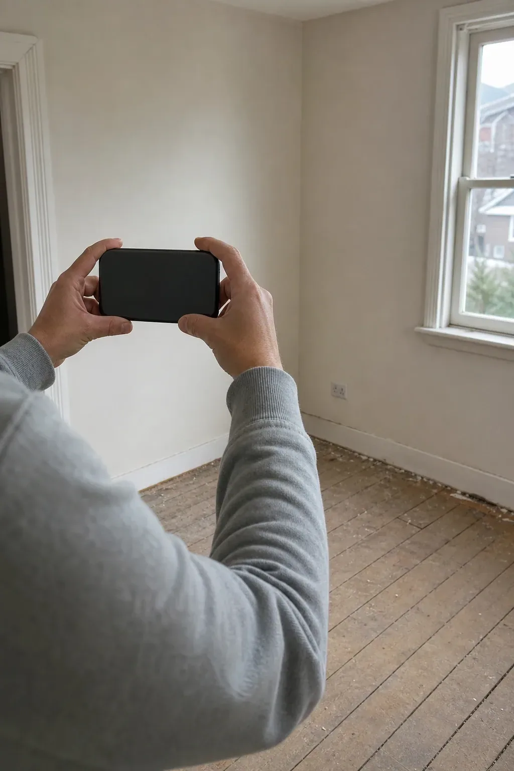 Someone holding a phone up in both hands to photograph the corner of an empty bedroom