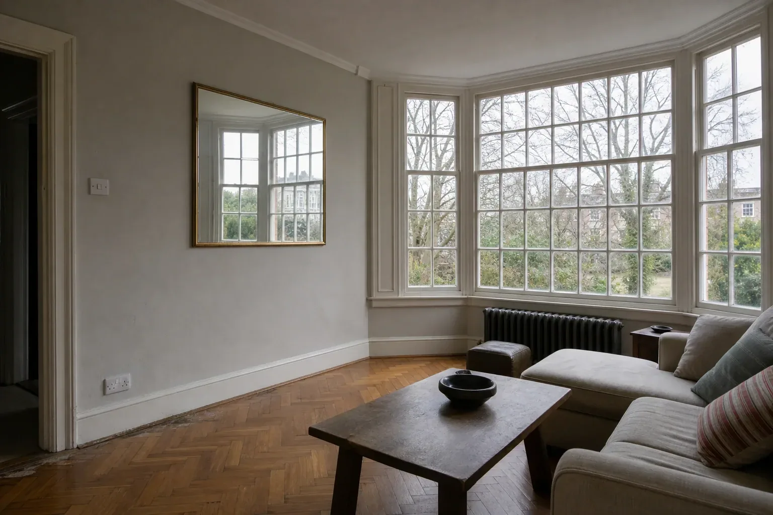 Sitting room with a three-sided bay window in small panes and a large mirror on the opposite wall