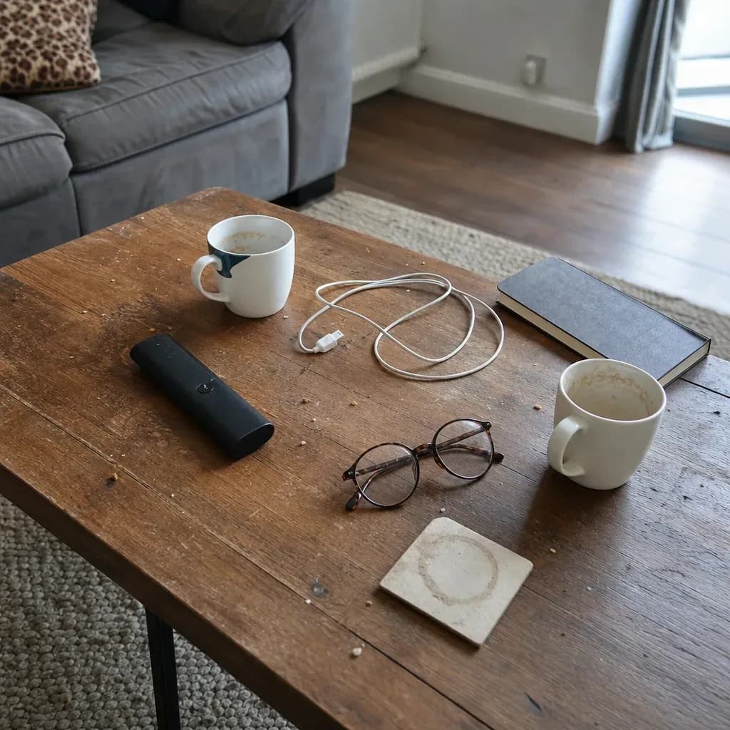 Coffee table with two used mugs, a remote, a tangled charging cable and a pair of reading glasses