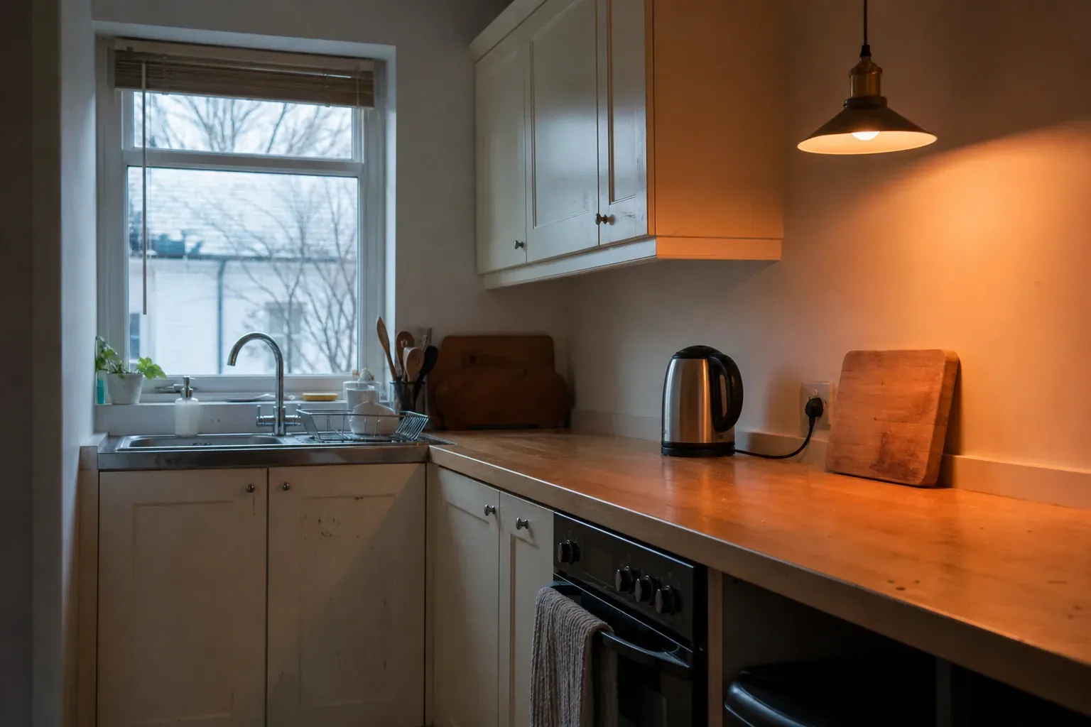 Kitchen lit by cool daylight from a window on one side and a warm pendant bulb over the counter