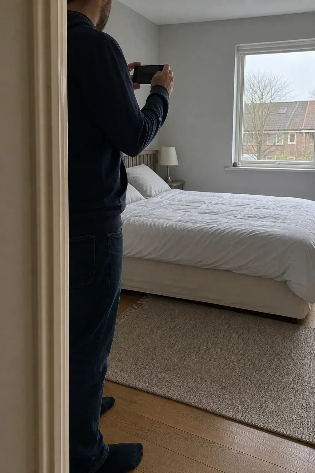 Photographer standing in a bedroom doorway holding a phone level at chest height