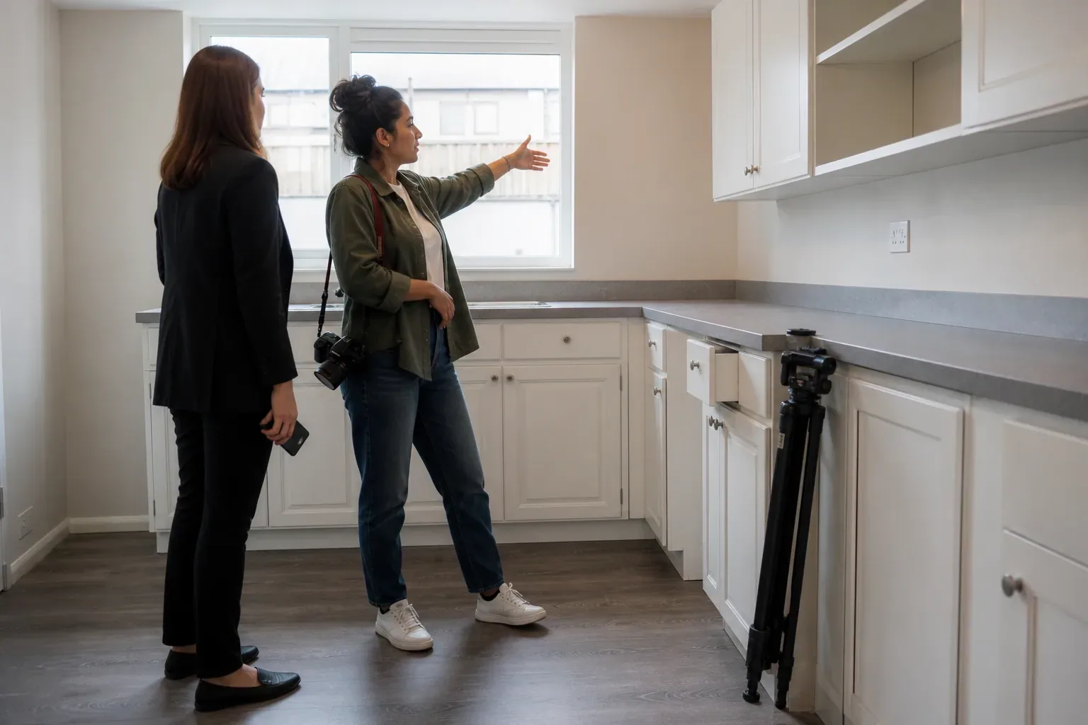 An agent and a photographer stand talking in a bare kitchen with a folded tripod nearby