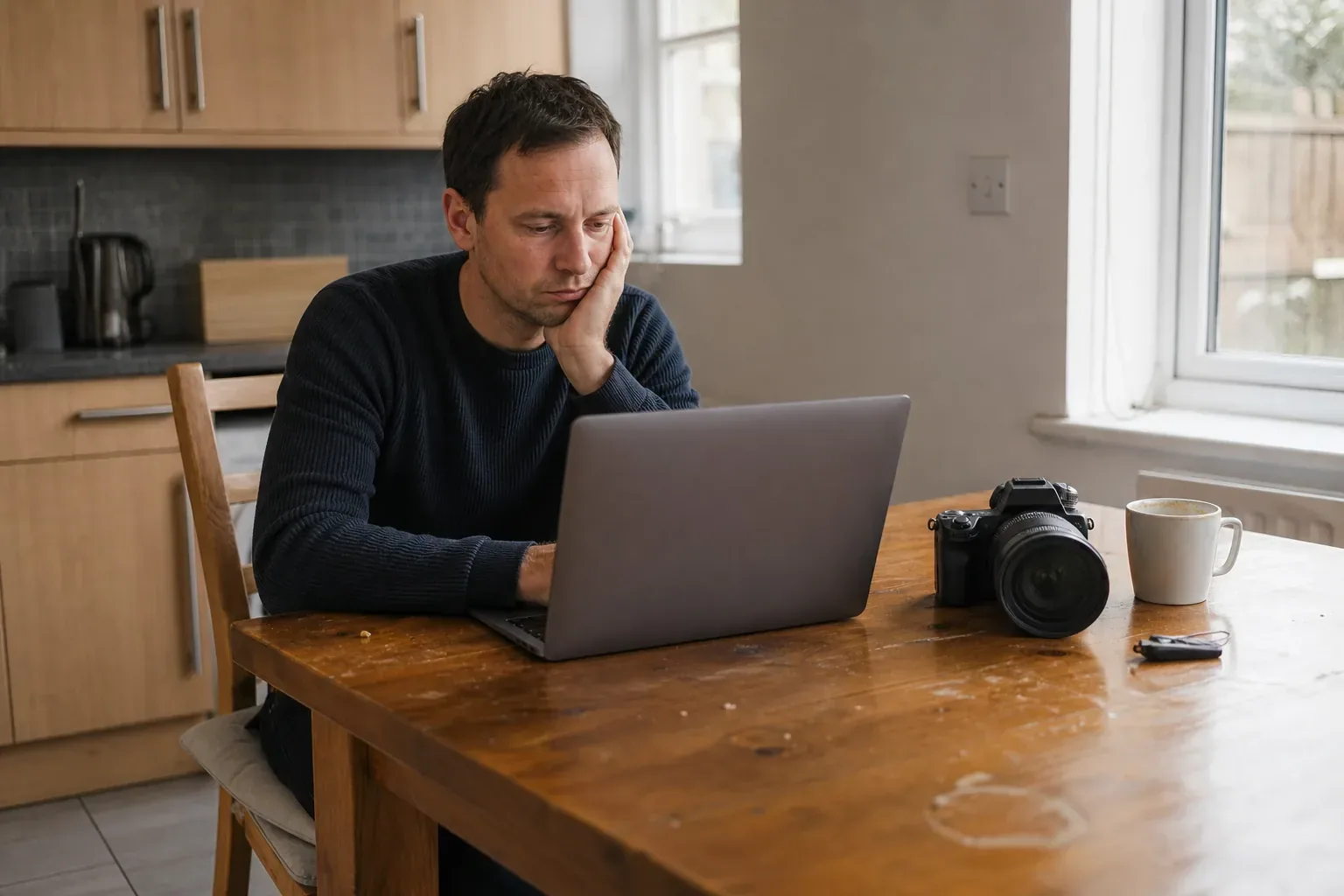A photographer sits at a kitchen table reviewing a shoot on a laptop beside a camera