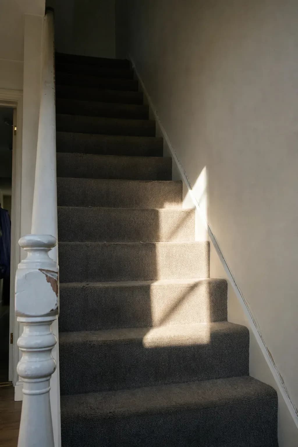 Afternoon light falls down a narrow domestic staircase with a worn grey carpet runner