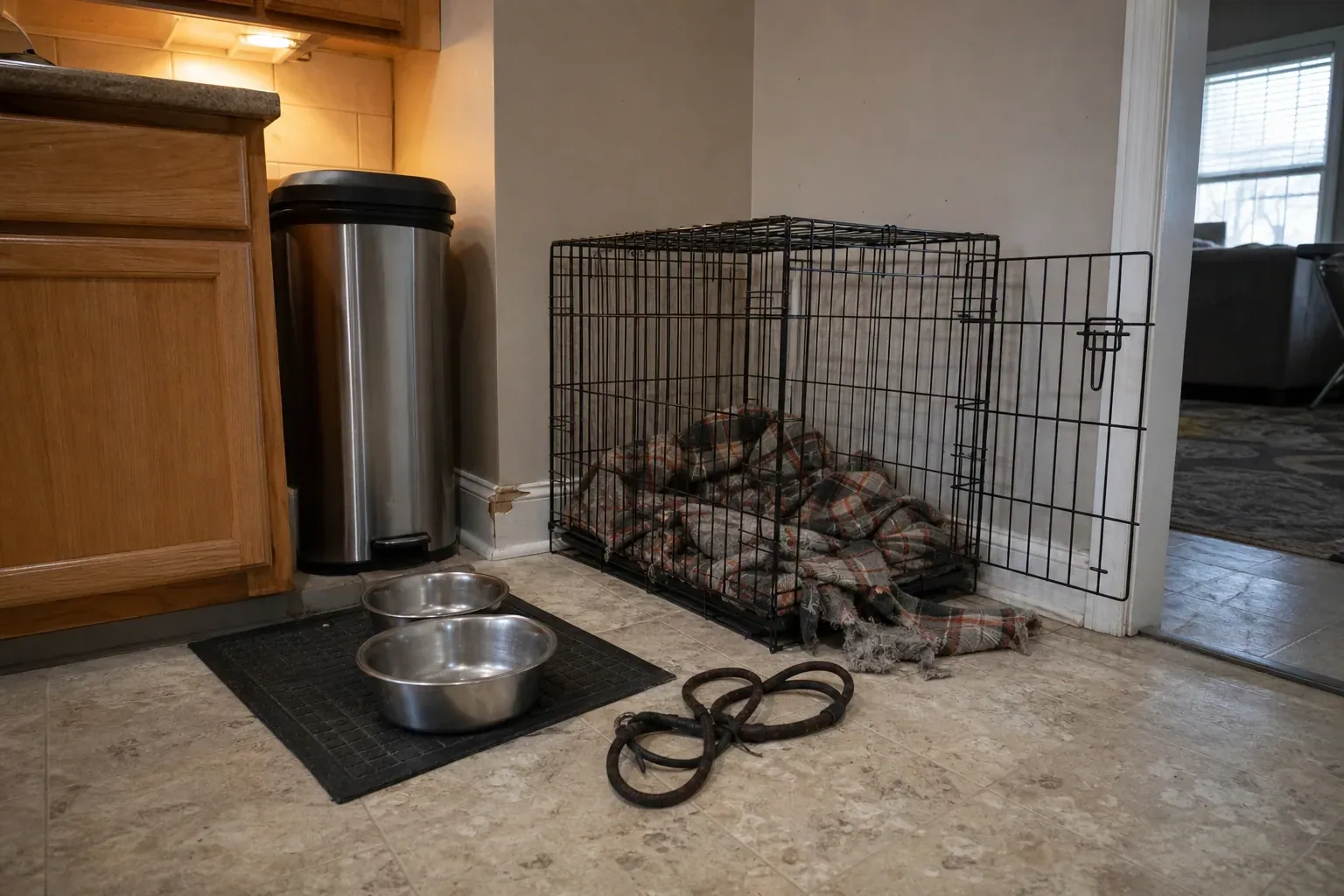 A wire dog crate, a chewed blanket and two feeding bowls in the corner of a family kitchen