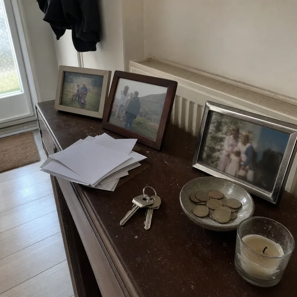 A hallway console holding framed family photographs, a stack of opened mail and a set of house keys