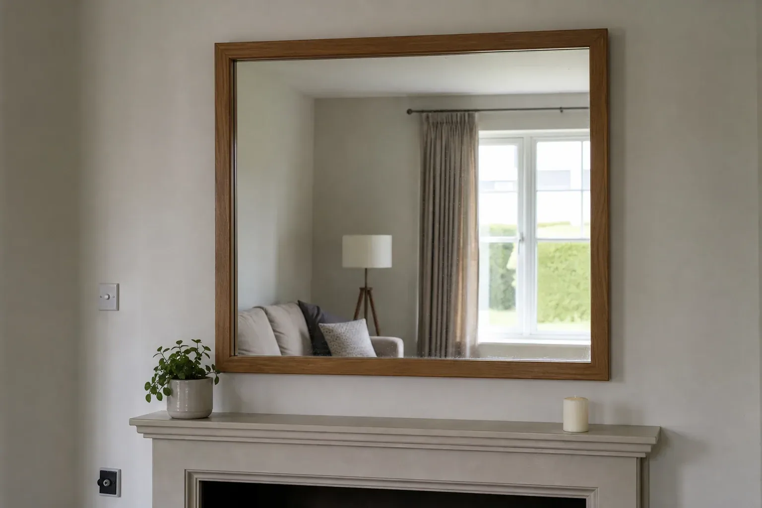 A large framed mirror above a fireplace reflecting the sofa and bright window behind the camera position