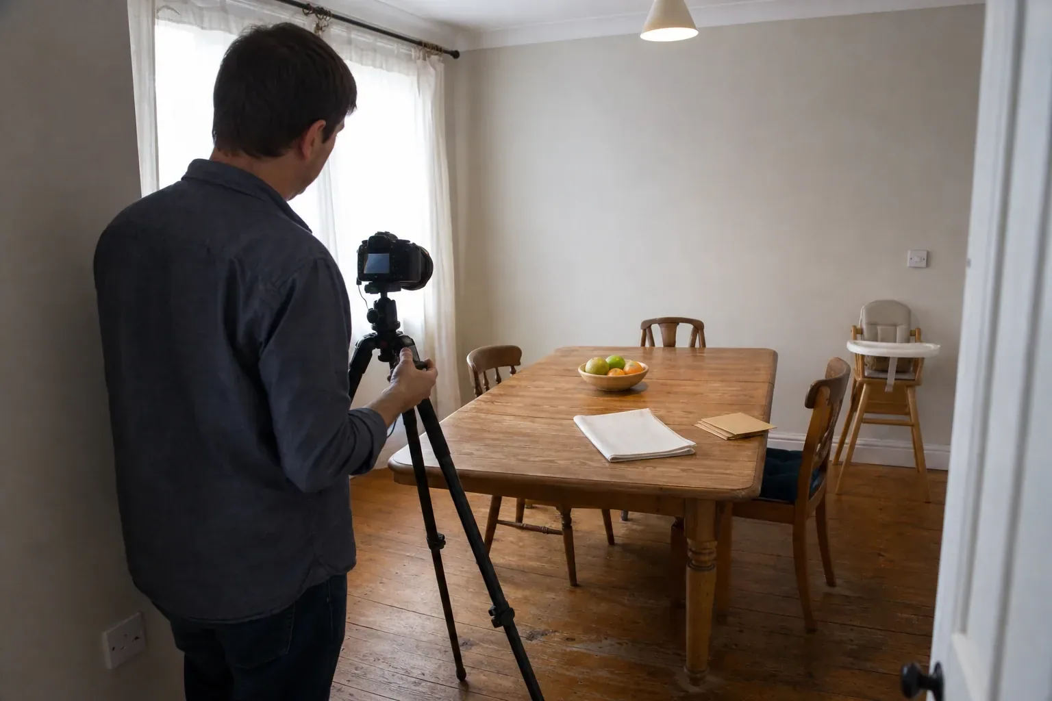 A photographer with a tripod framing a dining room while a highchair and opened mail sit on the table