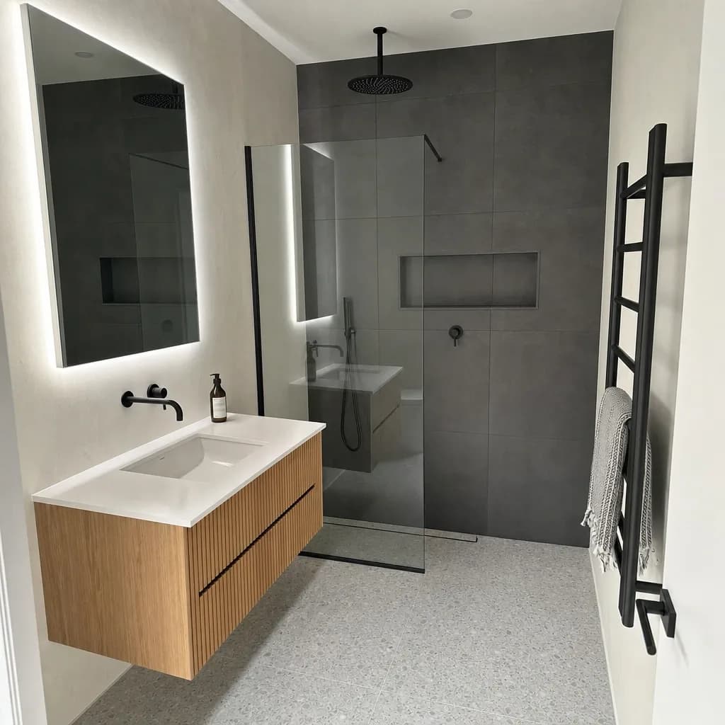 Charcoal and fluted-oak bathroom
