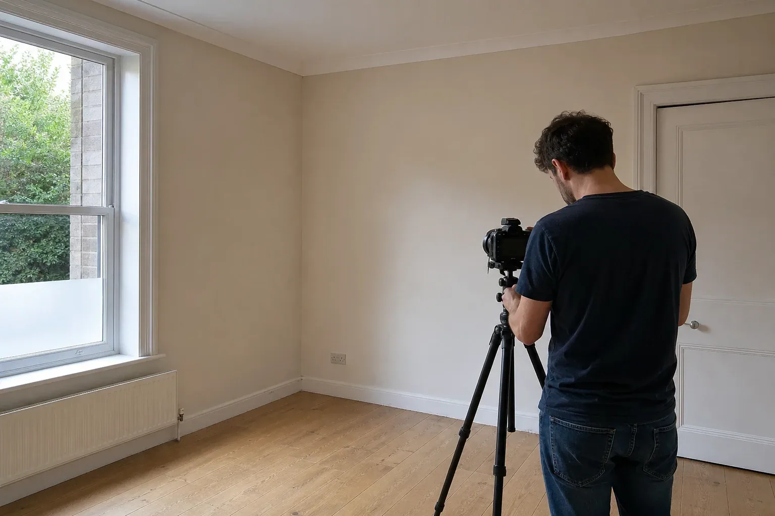 A photographer adjusts a tripod-mounted camera in an empty living room lit by a bare window